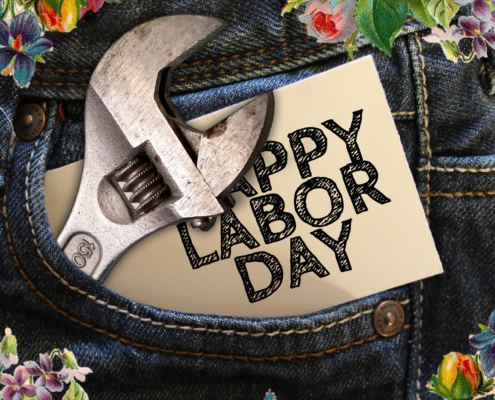 jeans with flowers, wrench, and the words "happy Labor Day"